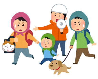 ケージに入った猫やリードをつけた犬と一緒に避難する家族のイラスト