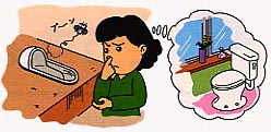 汲み取り式トイレを見て鼻をつまんでいる女性が、水洗トイレを思い浮かべているイラスト