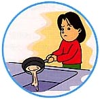 女性が、鍋に入ったてんぷら油を流しに流しているイラスト