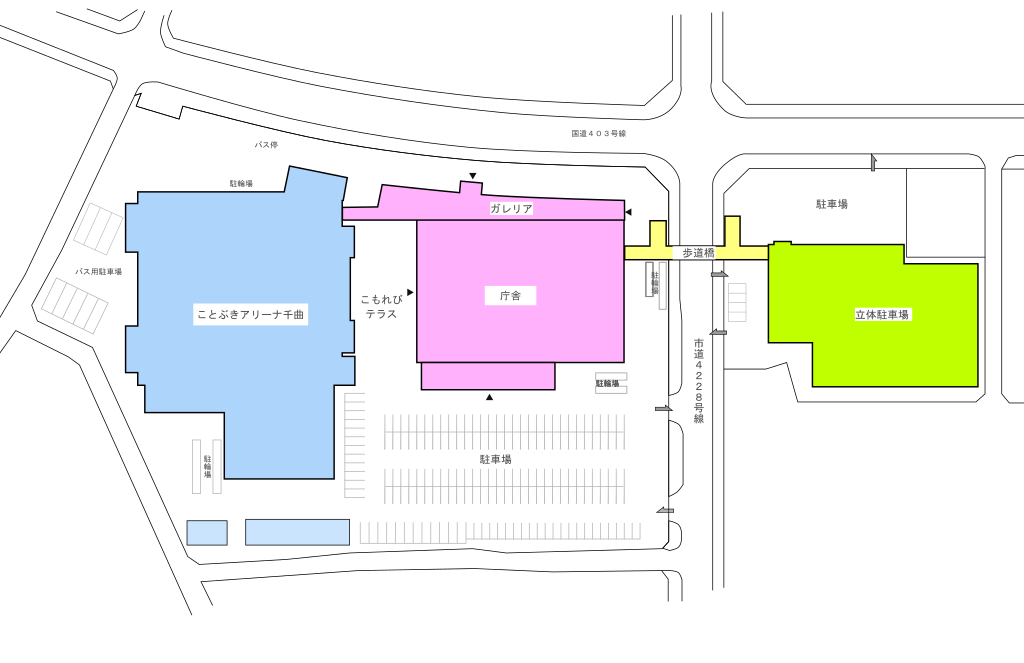 庁舎、アリーナ、駐車場の並びを示した建屋配置の位置図