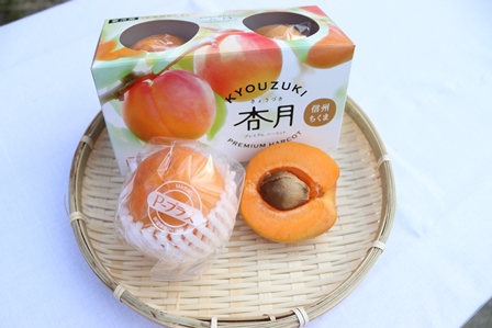 可愛らしいロゴのパッケージと丸まるとしたあんずの写真