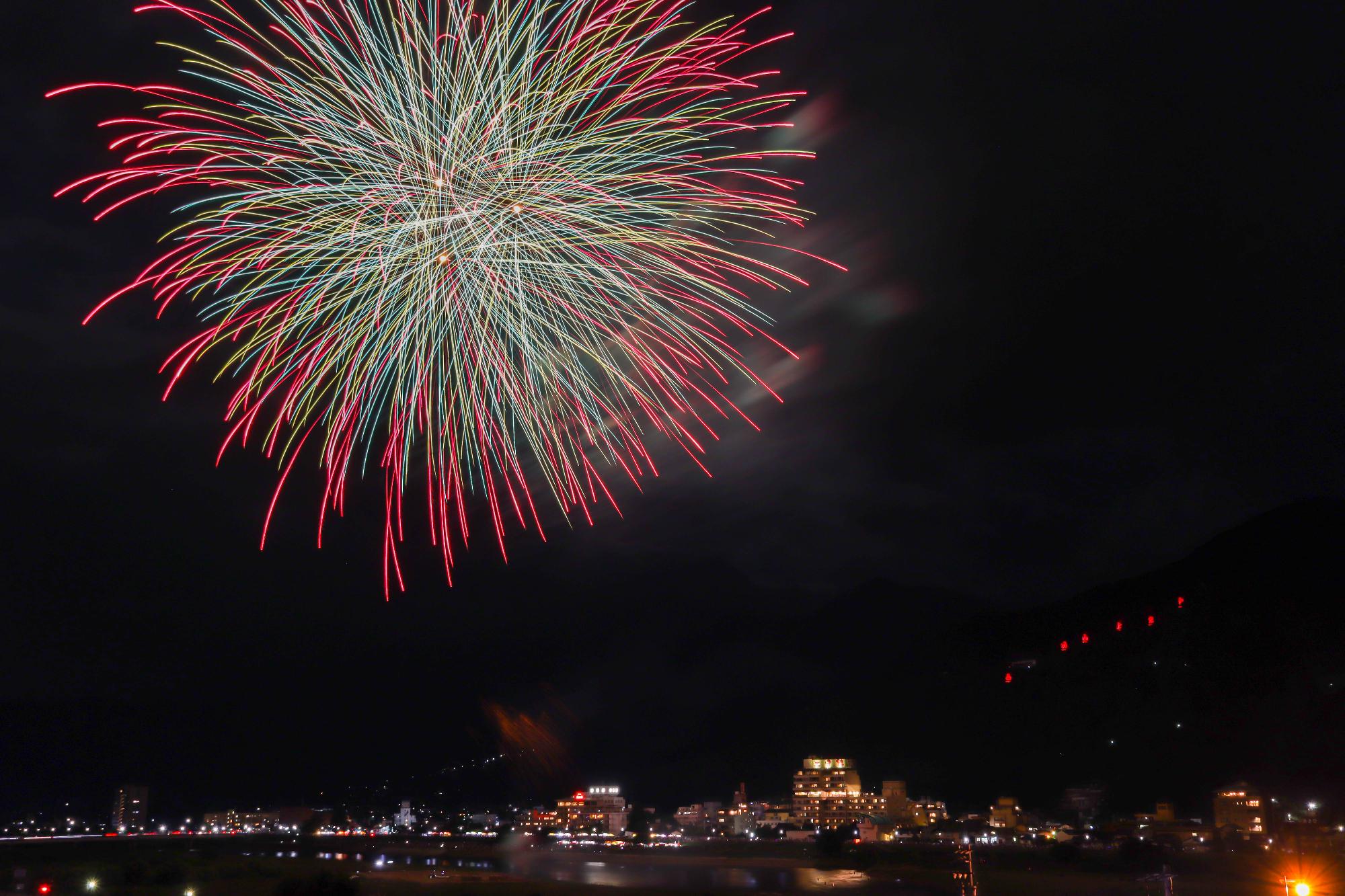 温泉街に3発の打ち上げ花火