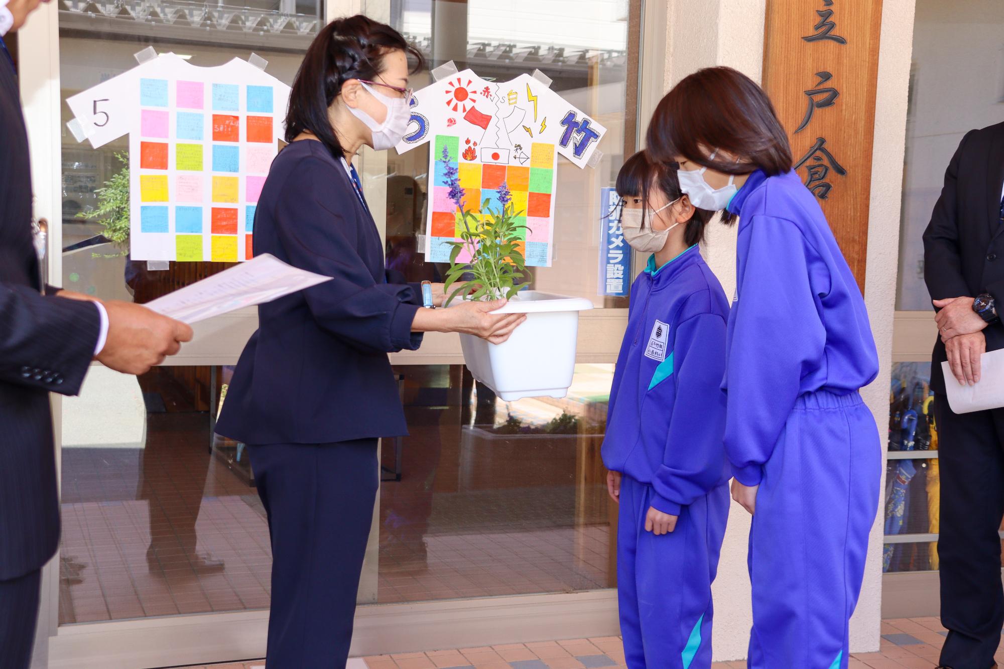 倉石係長から戸倉小学校環境委員会の2人にプランター1鉢が手渡される様子