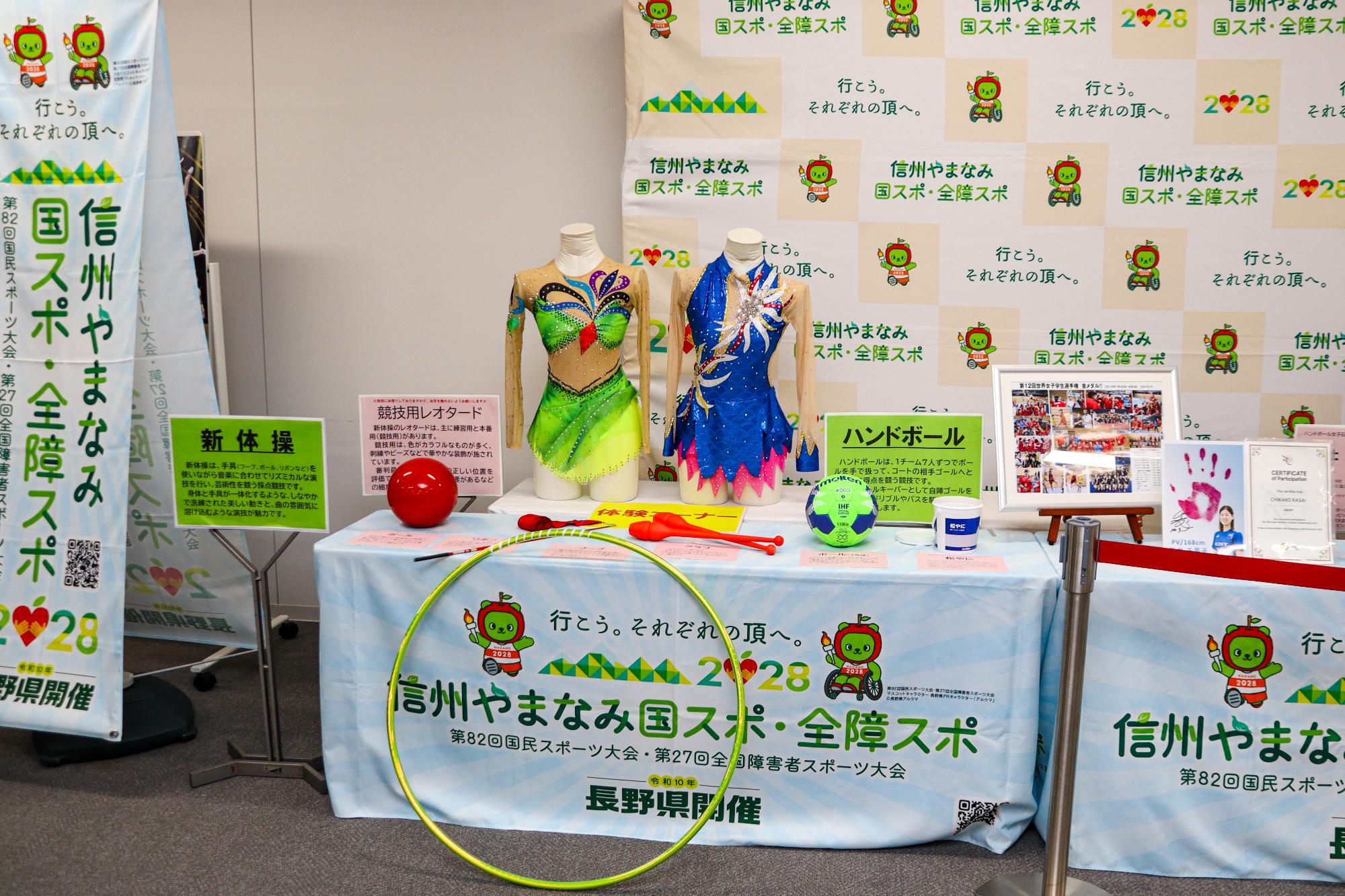 千曲市で開催される競技に関係する展示物のうち、新体操のレオタード・ボール・リボン・フープ・クラブとハンドボールのボール・松やになどの展示を映した写真