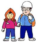 防災頭巾を被った子供とヘルメットをした大人が手をつないでいるイラスト