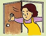 玄関のドアを大きく開いている女性のイラスト