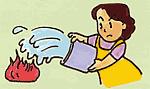 バケツの水をかけて消火活動をしている女性のイラスト