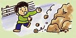 道路で山崩れが起きている様子に驚く男の子のイラスト