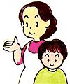 白いエプロンを着た女性と笑顔の子供のイラスト