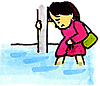 電信柱のそばで膝まで水びたしになりながら歩く女性のイラスト