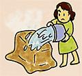 ストーブに大きなタオルをかけ、さらにその上からバケツで水をかけている女性のイラスト