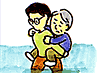 お年寄りを背負って歩く男性のイラスト
