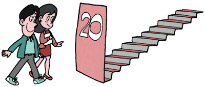 「20」と書かれた扉の奥に上り階段が続き、その扉を今まさにくぐろうとしている男女の若者のイラスト