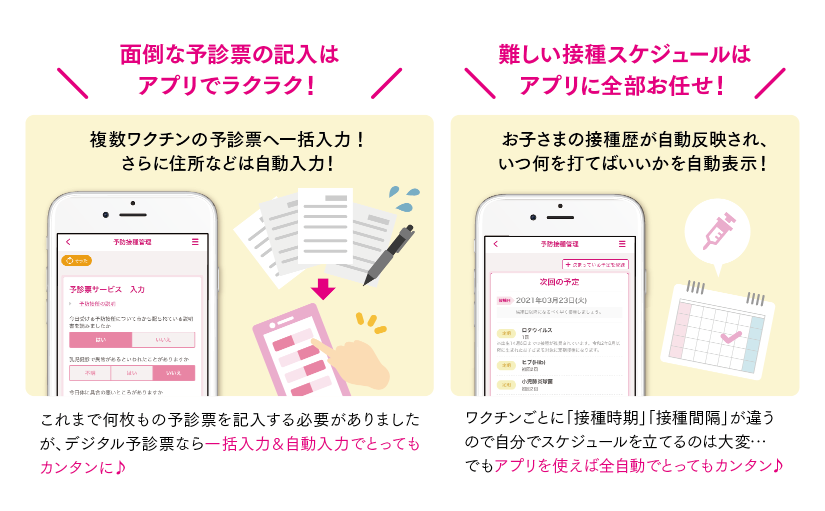 アプリの詳細が載っています。内容は、面倒な予診票の記入がアプリで楽に出来たり、難しい予防接種のスケジュール管理ができることが記載されています。