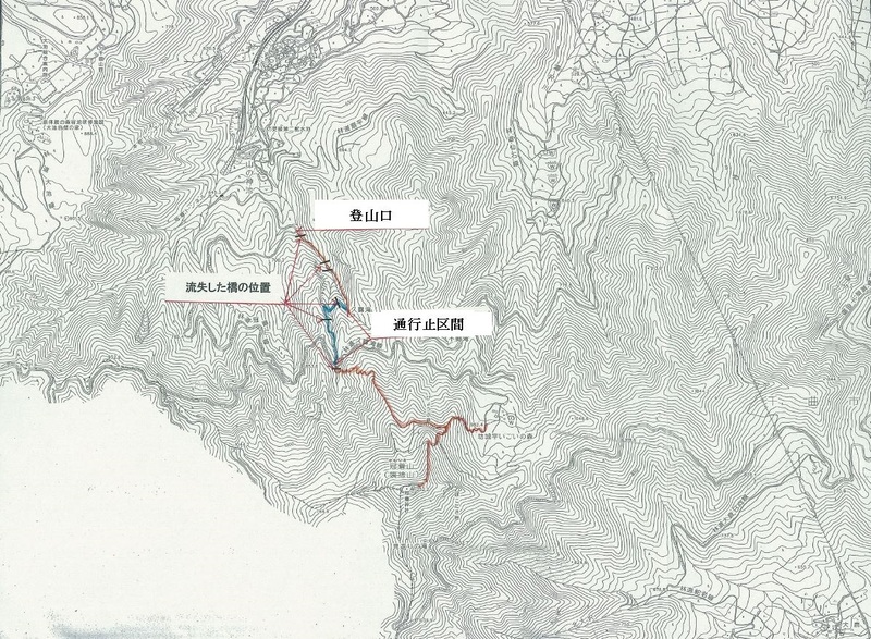 土砂の崩落による規制区間を示した地図