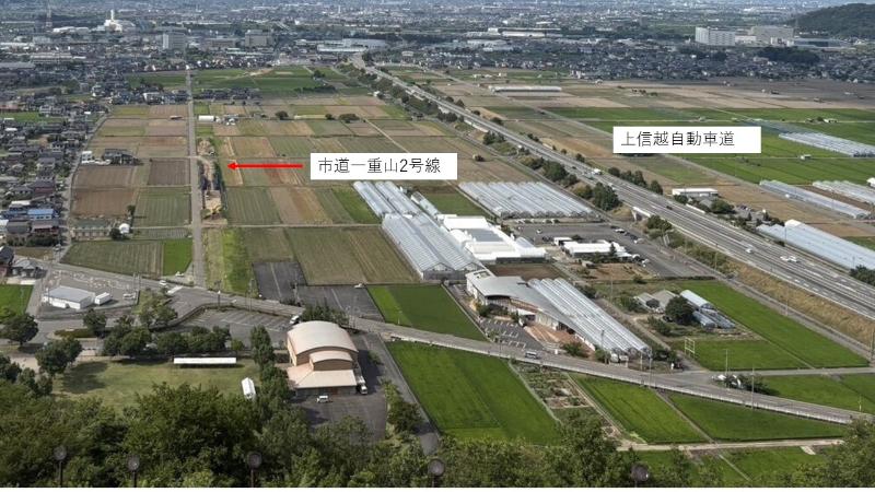 森将軍塚古墳から撮影した2025年7月時点の市道一重2号線の様子