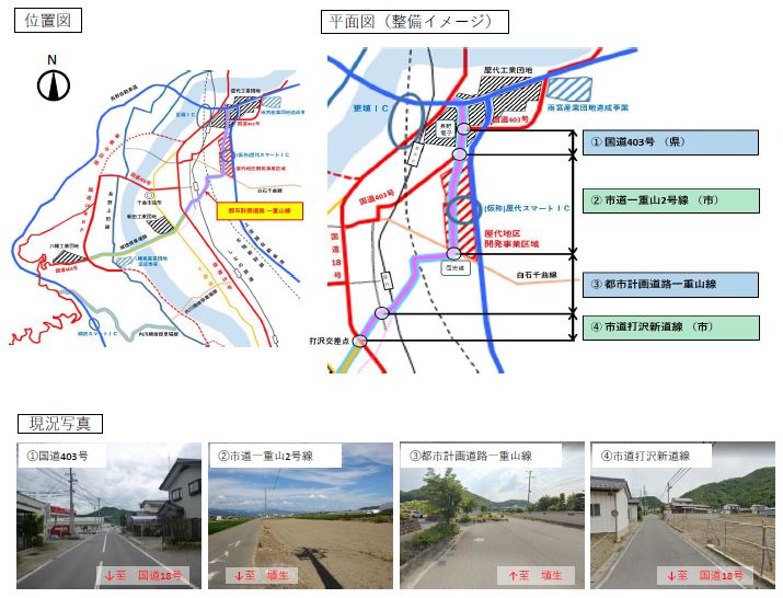 都市計画道路一重山線の整備イメージ。全体の道路線形や課題となる個所の現場写真も載っている