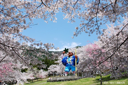 満開の桜の木々の中に、巨大な天狗像が建っている写真