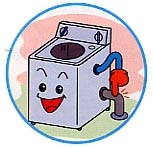 笑顔の洗濯機が床とつながっていているパイプを指さしているイラスト