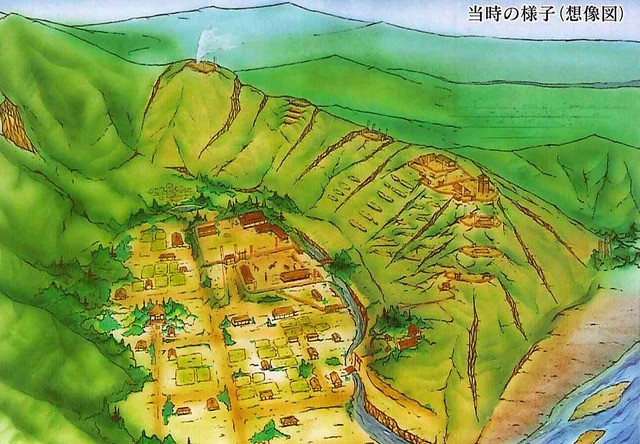 大きな山に囲まれた町と荒砥城の当時の様子を想像して描かれたイラスト