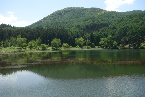 山間の緑が水面に移りこむ大池の写真
