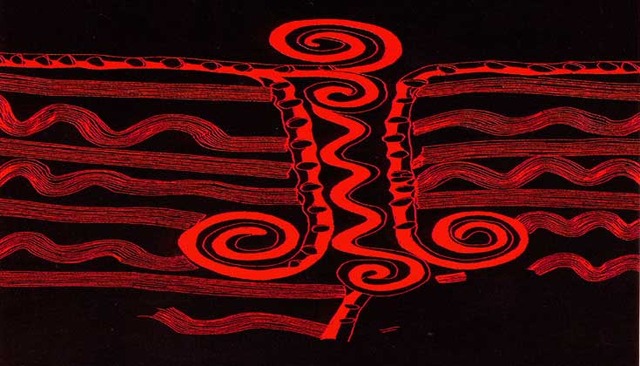 黒地に、赤色で渦巻のような模様や波のような模様が描かれているイラスト