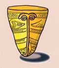 金色の逆三角形のような形をした容器に、人の顔のような模様が描かれているイラスト