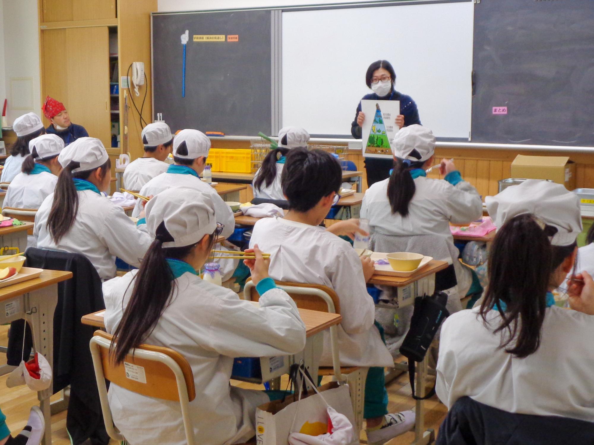 食育の指導に耳を傾けながら、オーガニック所給食を食べている五加小学校児童の写真