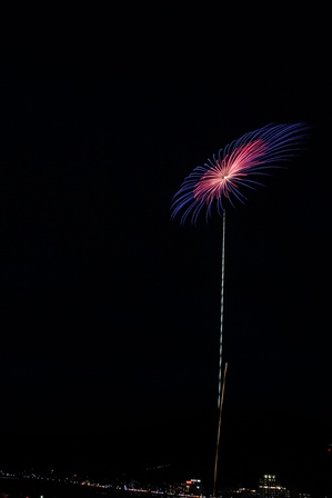 赤と青に咲いた花火を斜めの角度から撮った写真