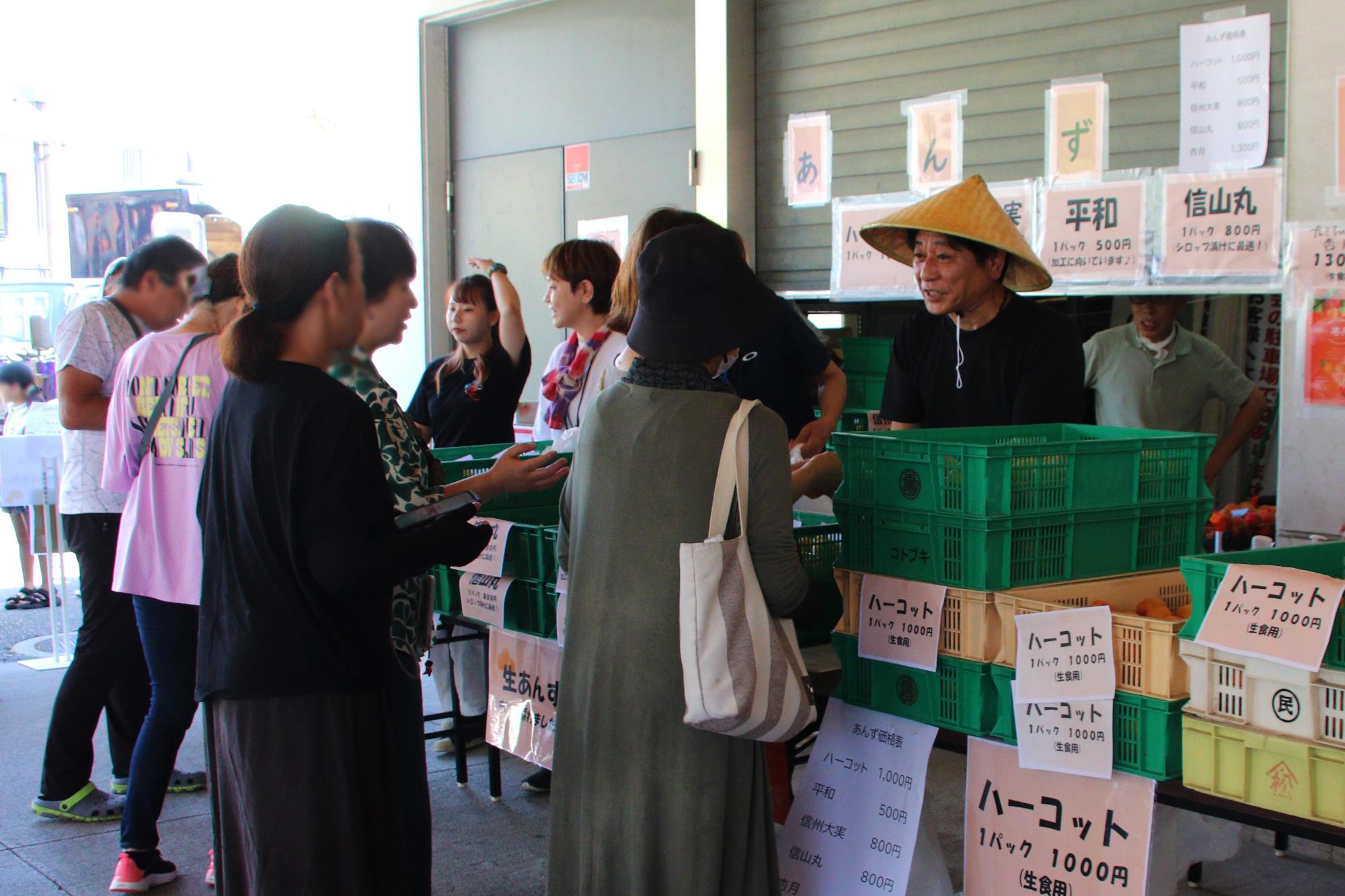 あんず販売の様子（来場者にあんずの説明をするスタッフ）