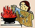 大きなタオルを水で濡らして火のあがる鍋にかぶせようとしている女性のイラスト