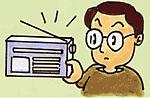 ラジオを手に持ち、情報を聞いている男性のイラスト