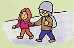 ヘルメットと防災頭巾をかぶった大人と子供が手を取り合って避難しているイラスト