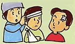 頭に包帯を巻いている男の子と救護している大人のイラスト