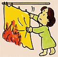 着火した黄色いカーテンを勢いよくカーテンレールから引きちぎっている女性のイラスト