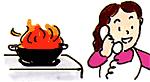 天ぷら鍋から大きく火があがっているのに気付かず電話を続ける女性のイラスト