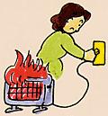 発火している電化製品のコンセントを抜いている女性のイラスト