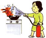 消火器を正しく使い、鍋からあがる火を消火している女性のイラスト